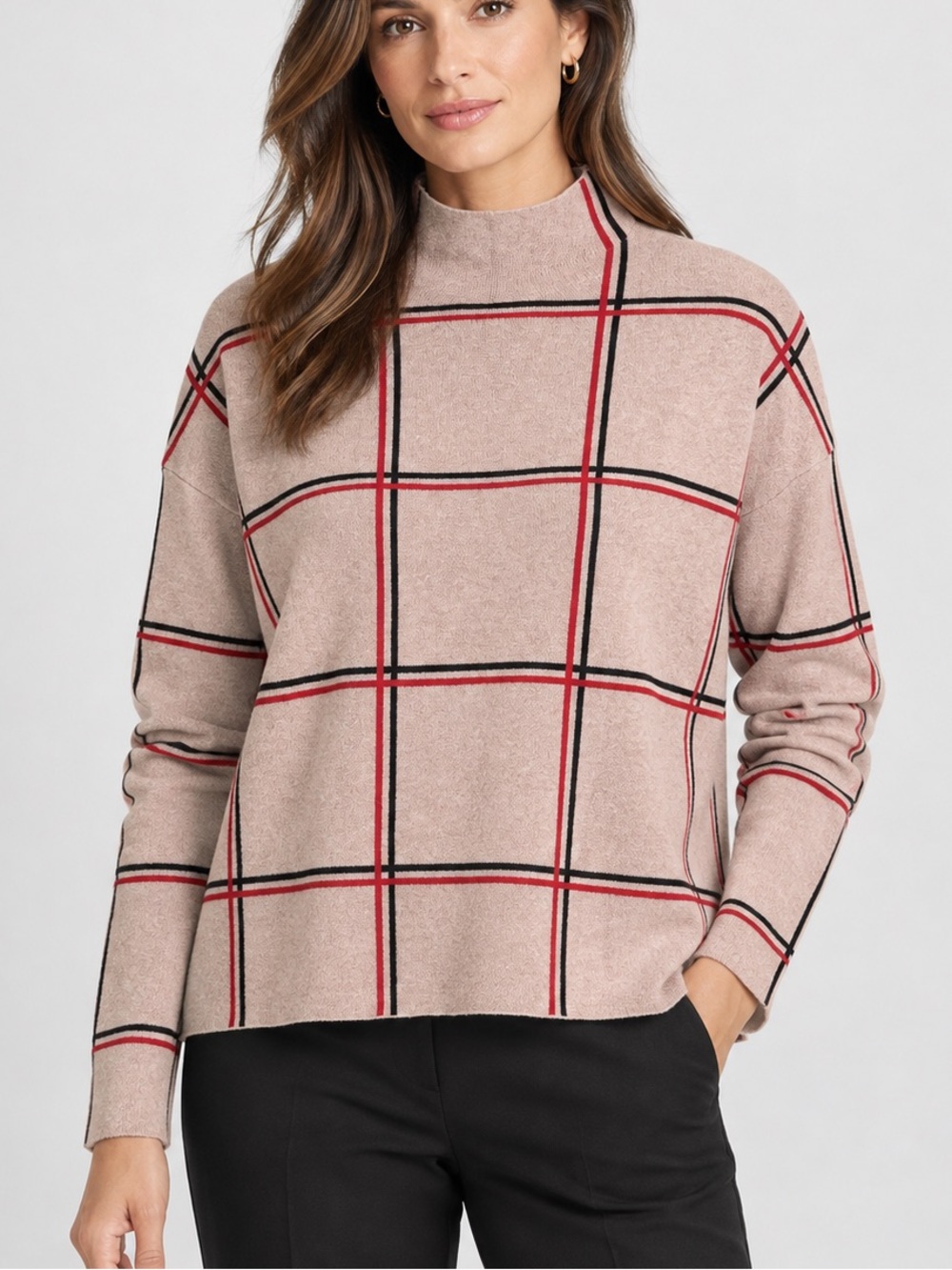 Tahari Windowpane Plaid Mock Neck Sweater Pink Red Black XL